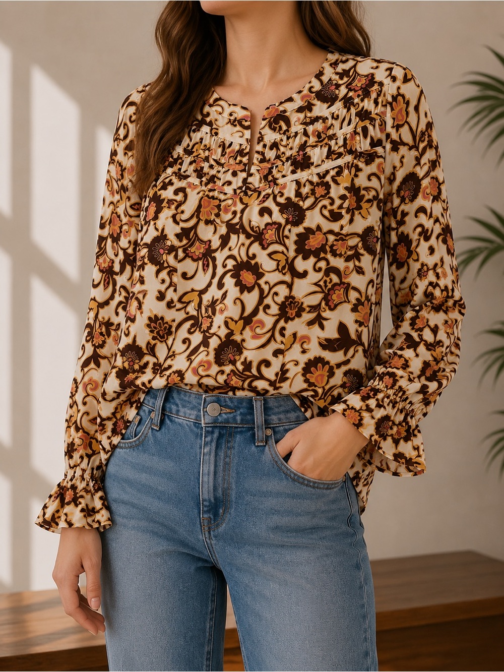 LOFT Floral Paisley Ruched Yoke Long Sleeve Blouse – Size Medium Petite